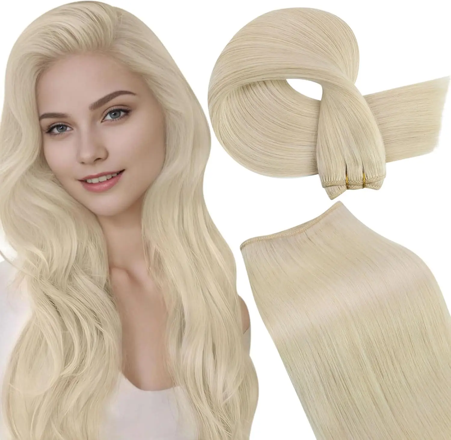 LaaVoo blonde Remy human hair wefts offer a soft, silky straight texture that can be attached with micro beads for a full, natural look.