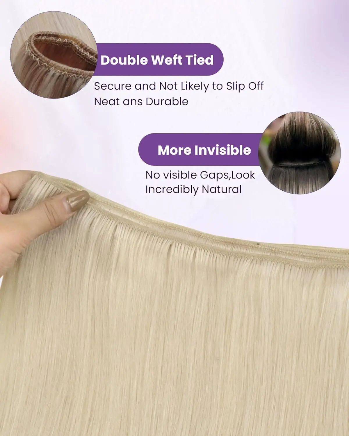 LaaVoo blonde Remy human hair wefts offer a soft, silky straight texture that can be attached with micro beads for a full, natural look.