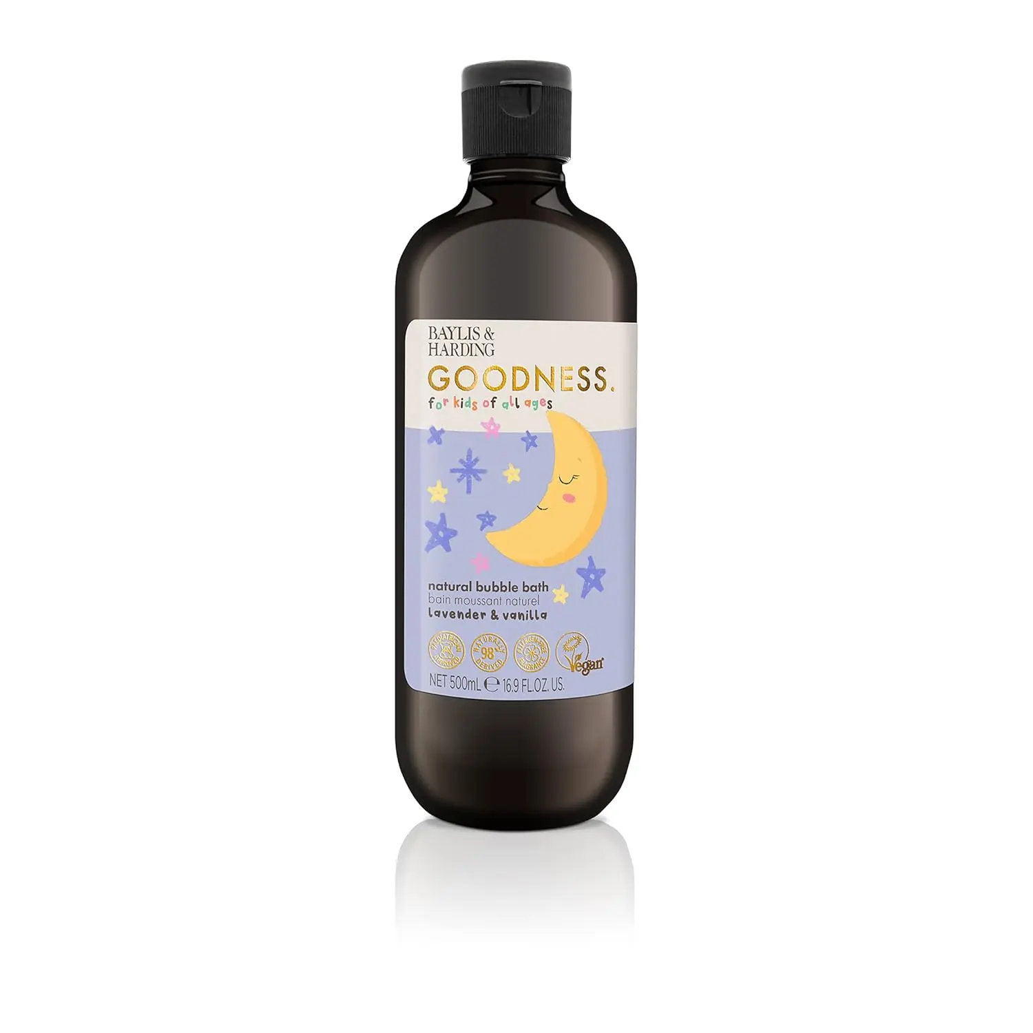 Baylis & Harding natural bubble bath with calming lavender and vanilla scents, ideal for moisturizing and softening sensitive, eczema-prone skin during a fun bath time.