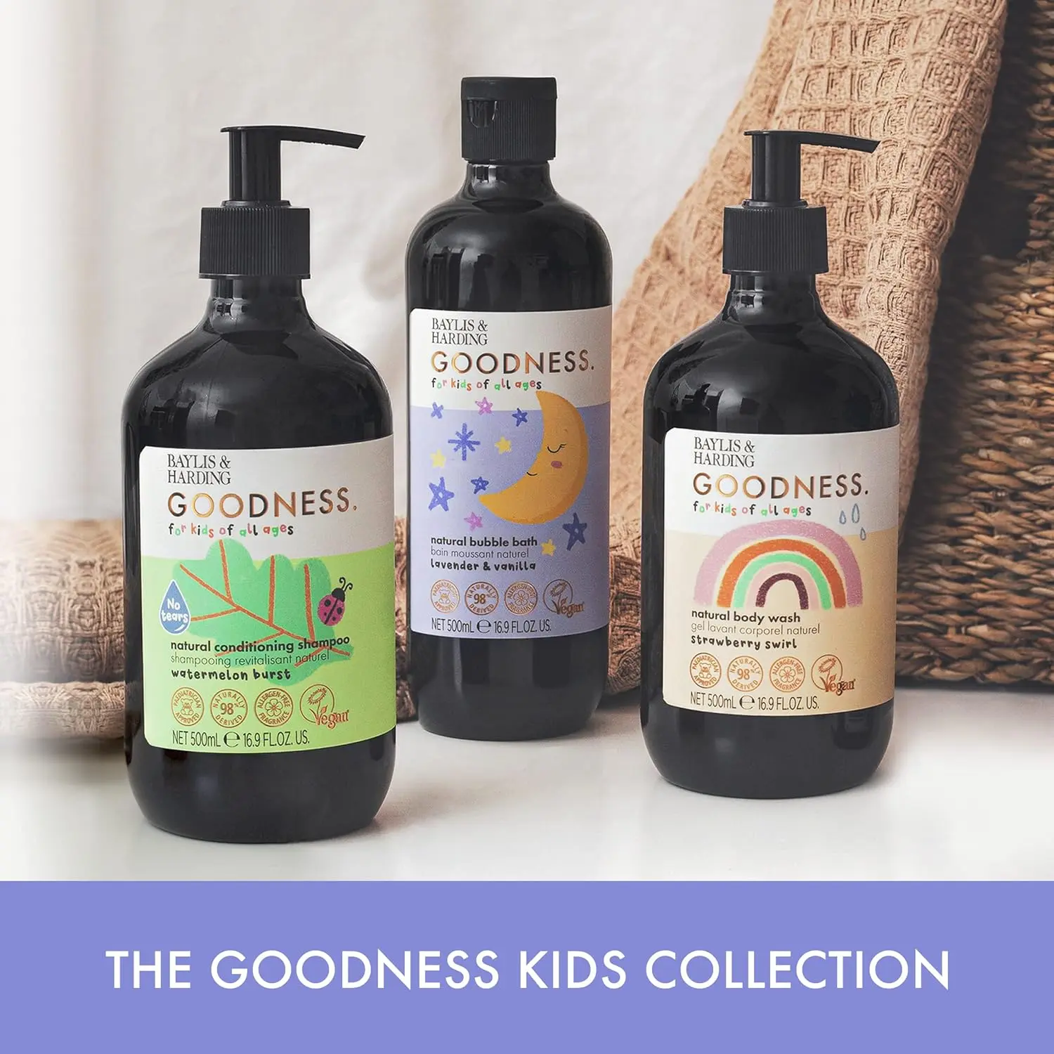 Baylis & Harding natural bubble bath with calming lavender and vanilla scents, ideal for moisturizing and softening sensitive, eczema-prone skin during a fun bath time.