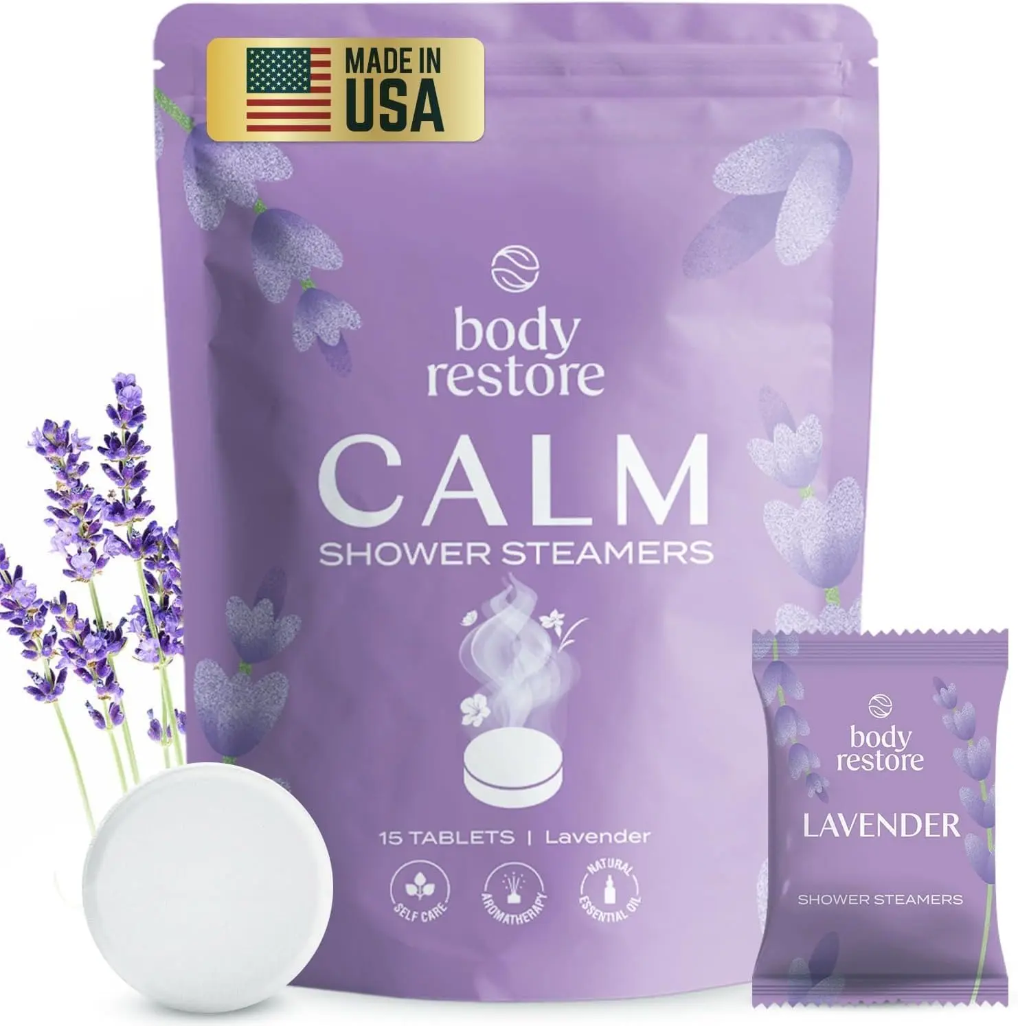 Fifteen lavender scented shower steamers offer aromatherapy relaxation in the shower, perfect bedtime and self-care gifts for women.