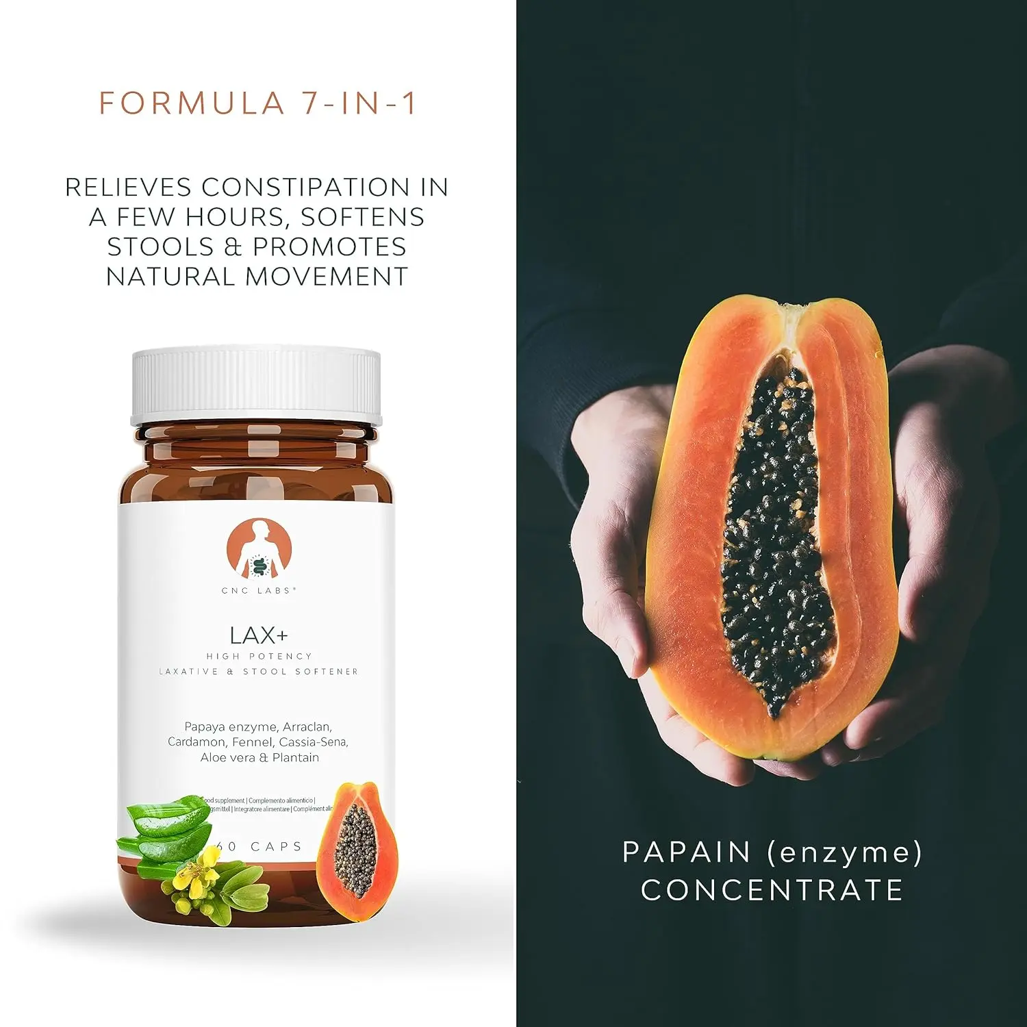 QSTA LAX+ is a 7-in-1 natural vegan laxative with papaya, cardamon, fennel, sena, aloe, plantago and arraclan to relieve constipation, bloating, and gas.