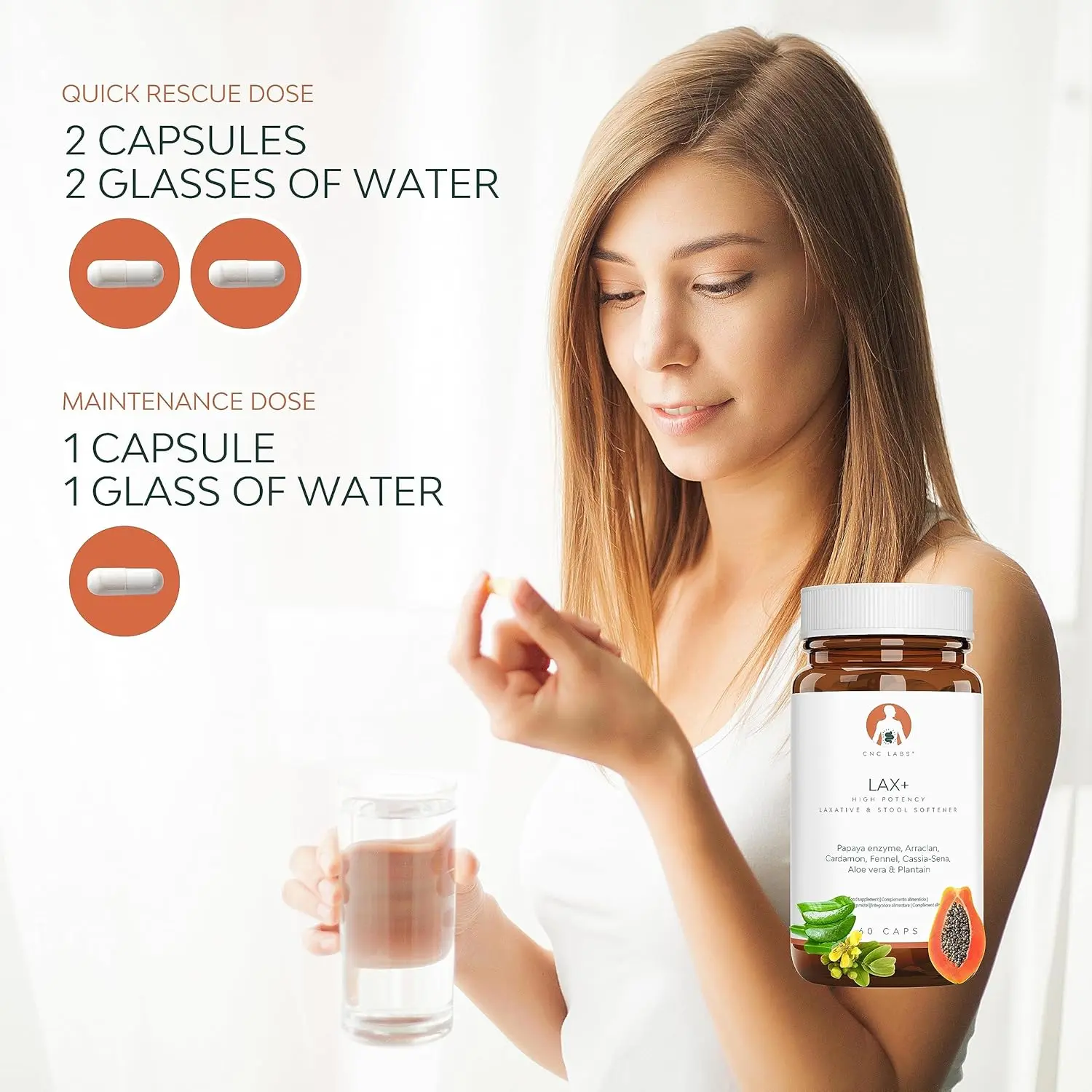 QSTA LAX+ is a 7-in-1 natural vegan laxative with papaya, cardamon, fennel, sena, aloe, plantago and arraclan to relieve constipation, bloating, and gas.