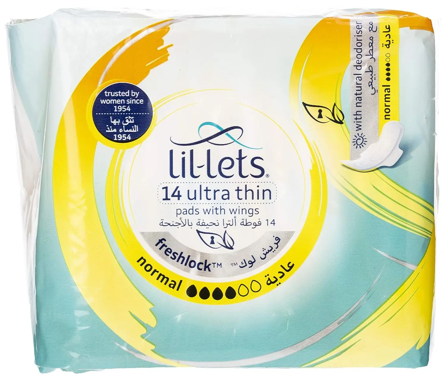 Lil-Lets Freshlock Normal Pads with wings offer ultra-thin, comfortable, and fragrance-free protection for light to medium flow with a super soft cotton top cover.