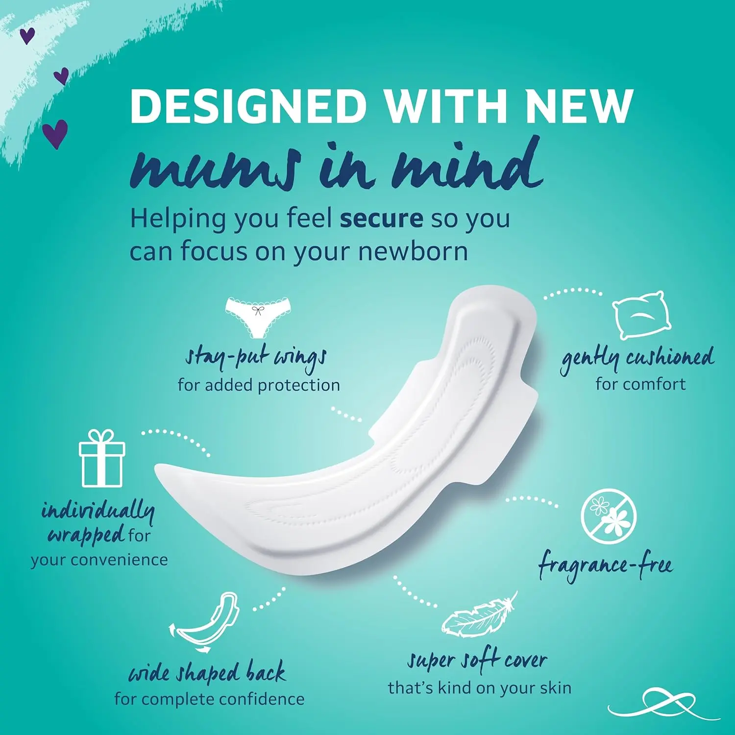 Lil-Lets super absorbent maternity pads are extra long and shaped for postpartum comfort and leak protection, perfect for sensitive skin after birth.