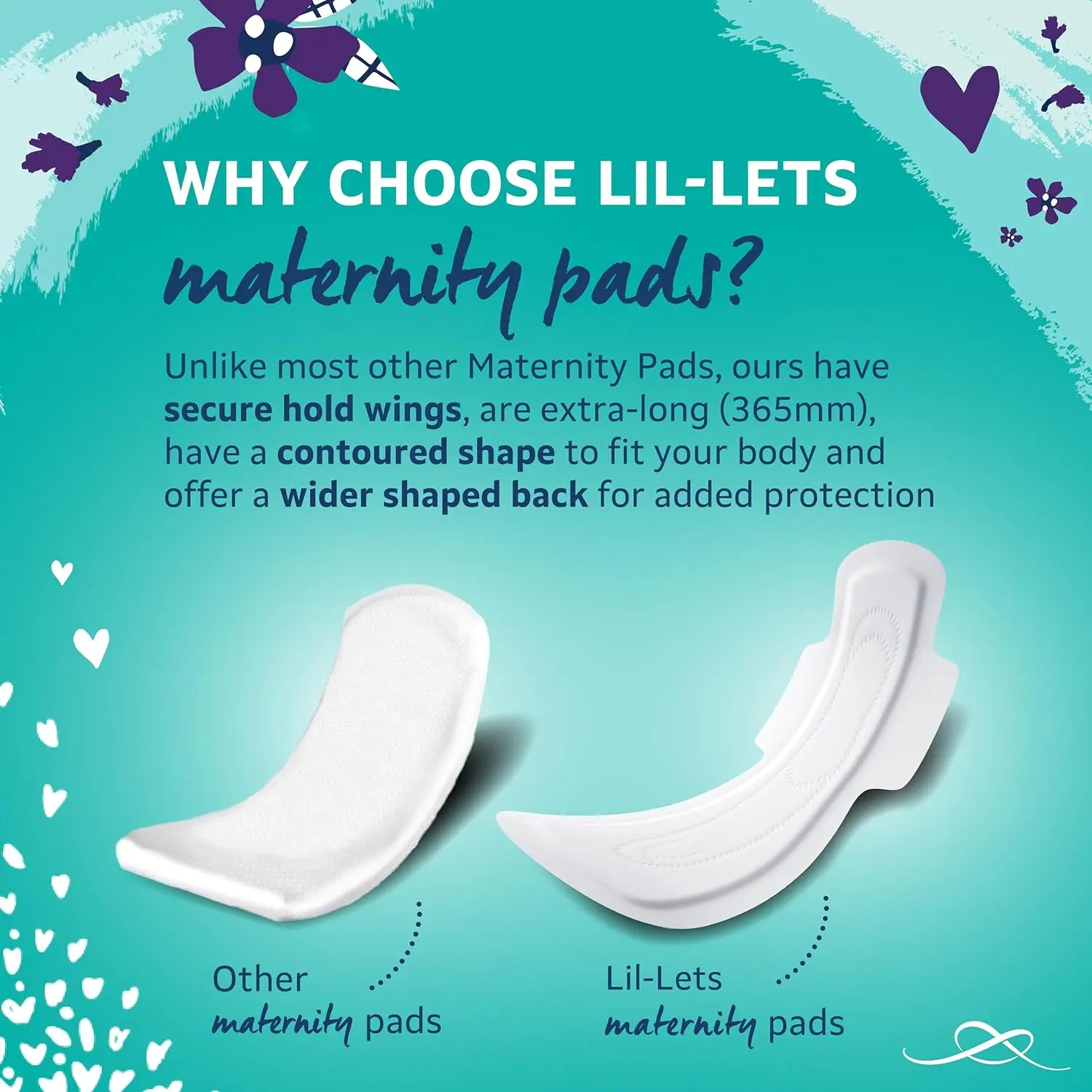 Lil-Lets super absorbent maternity pads are extra long and shaped for postpartum comfort and leak protection, perfect for sensitive skin after birth.