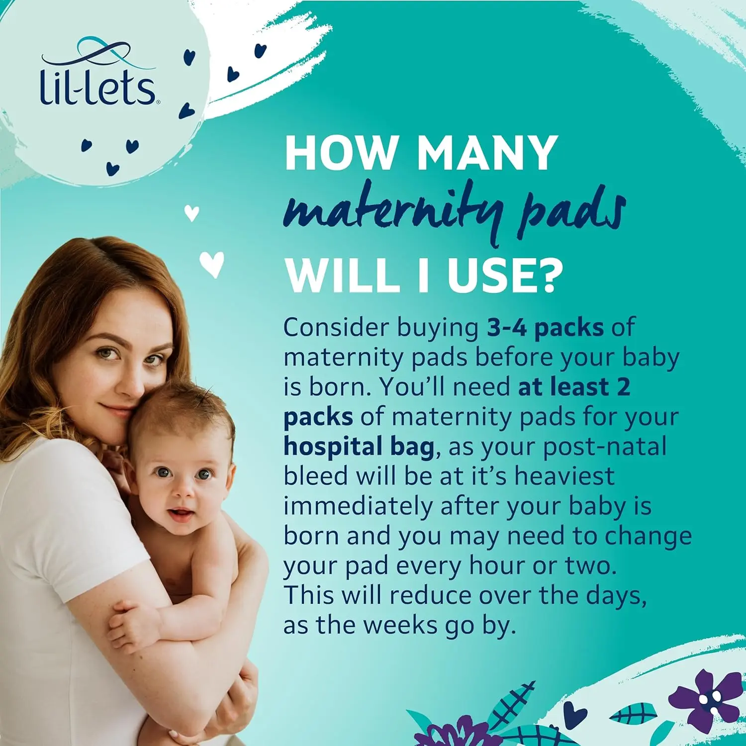 Lil-Lets super absorbent maternity pads are extra long and shaped for postpartum comfort and leak protection, perfect for sensitive skin after birth.