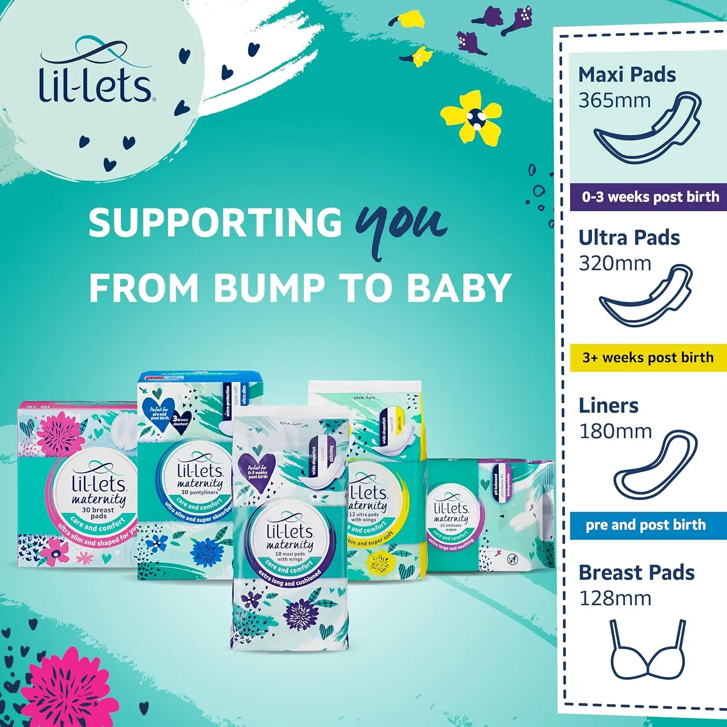 Lil-Lets super absorbent maternity pads are extra long and shaped for postpartum comfort and leak protection, perfect for sensitive skin after birth.