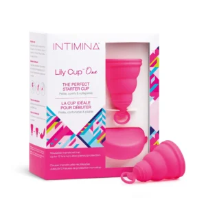 The Lily Cup One is a small, collapsible menstrual cup designed for beginners and teens, featuring a leak-proof double rim and removal loop for easy use and cleaning.