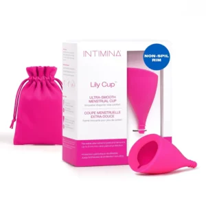 Pink Lily Cup Size B, a reusable menstrual cup made of soft, medical-grade silicone for comfortable, eco-friendly period protection for up to 12 hours.