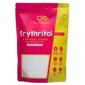 A bag of Livsmart Erythritol Sweetener, a natural, non-GMO, zero-carb and calorie sugar alternative that is blood sugar friendly.