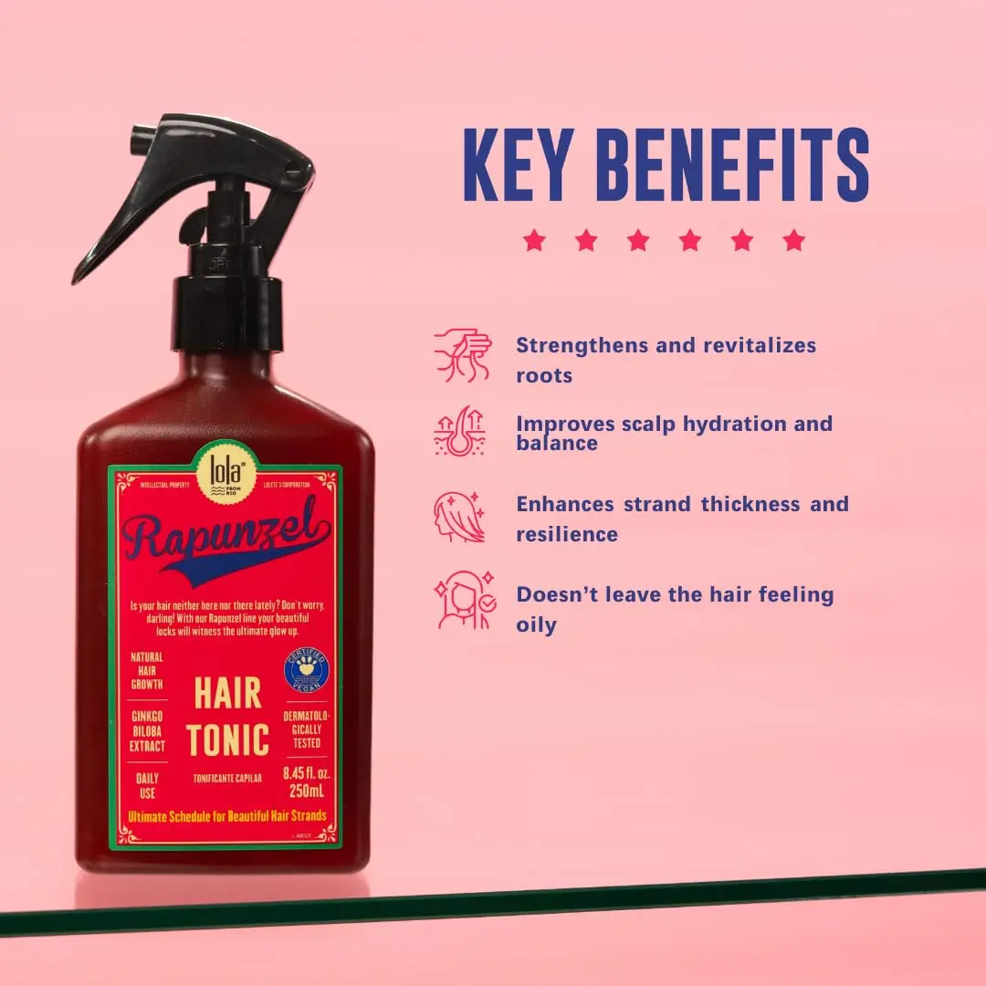 Lola Rapunzel hair growth tonic strengthens hair follicles, reduces hair loss, and stimulates growth for stronger, healthier hair.