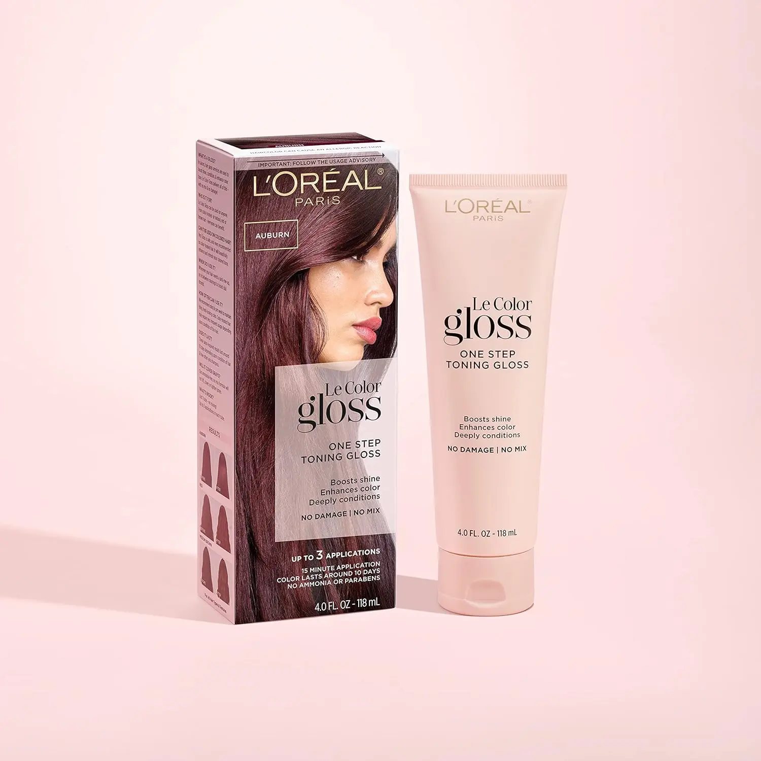 L'Oreal Paris auburn toning hair gloss enhances red tones, boosts shine, and deeply conditions for healthy, vibrant red or brown hair.