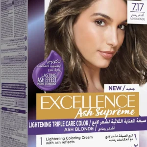 L'Oréal Paris Excellence 7.17 Ash Blonde hair colour provides up to 100% grey coverage while protecting, cleansing, and nourishing for shiny, supple hair.