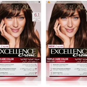 Two boxes of L'Oréal Paris Excellence Crème Permanent Hair Color in 6.1 Dark Ash Blonde, promising triple care protection, rich long-lasting color, and up to 100 percent grey coverage for shiny, supple hair.