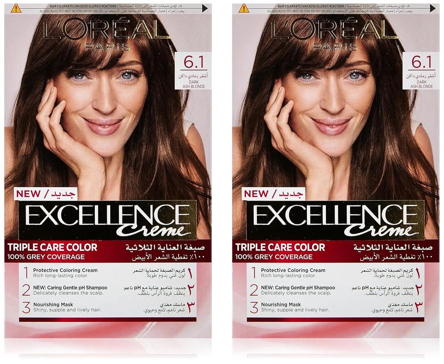 Two boxes of L'Oréal Paris Excellence Crème Permanent Hair Color in 6.1 Dark Ash Blonde, promising triple care protection, rich long-lasting color, and up to 100 percent grey coverage for shiny, supple hair.