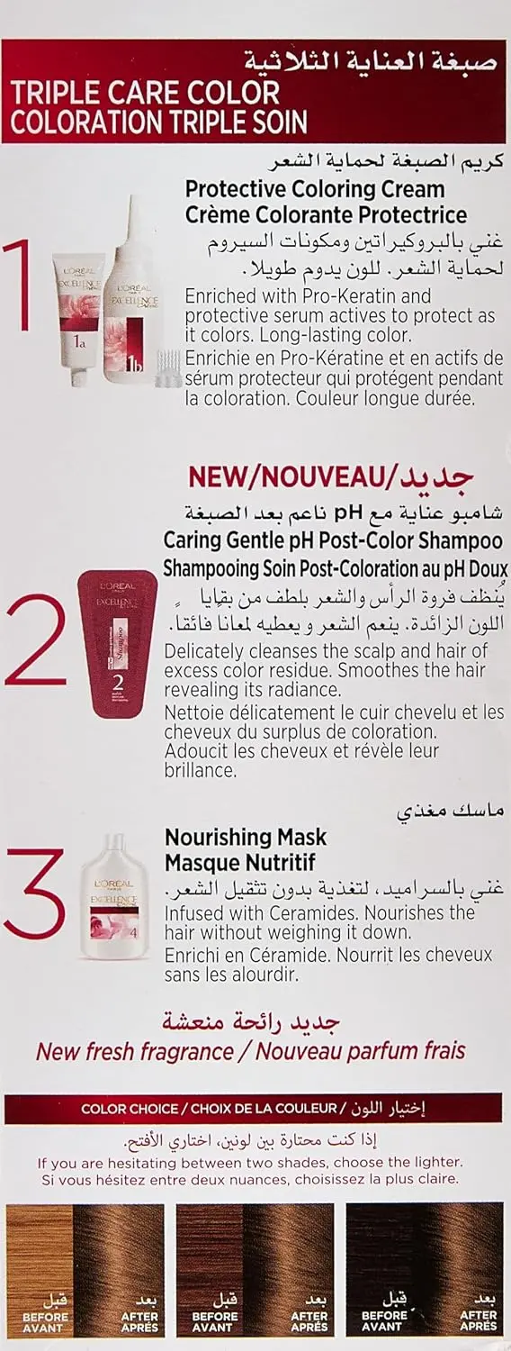Two boxes of L'Oréal Paris Excellence Crème Permanent Hair Color in 6.1 Dark Ash Blonde, promising triple care protection, rich long-lasting color, and up to 100 percent grey coverage for shiny, supple hair.