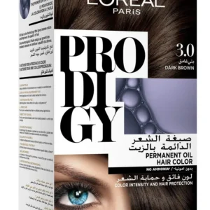 A box of L'Oréal Paris Prodigy 3.0 Dark Brown ammonia-free oil hair color that provides 100% gray coverage, vibrant color, and radiant shine for up to 8 weeks with Argan oil.