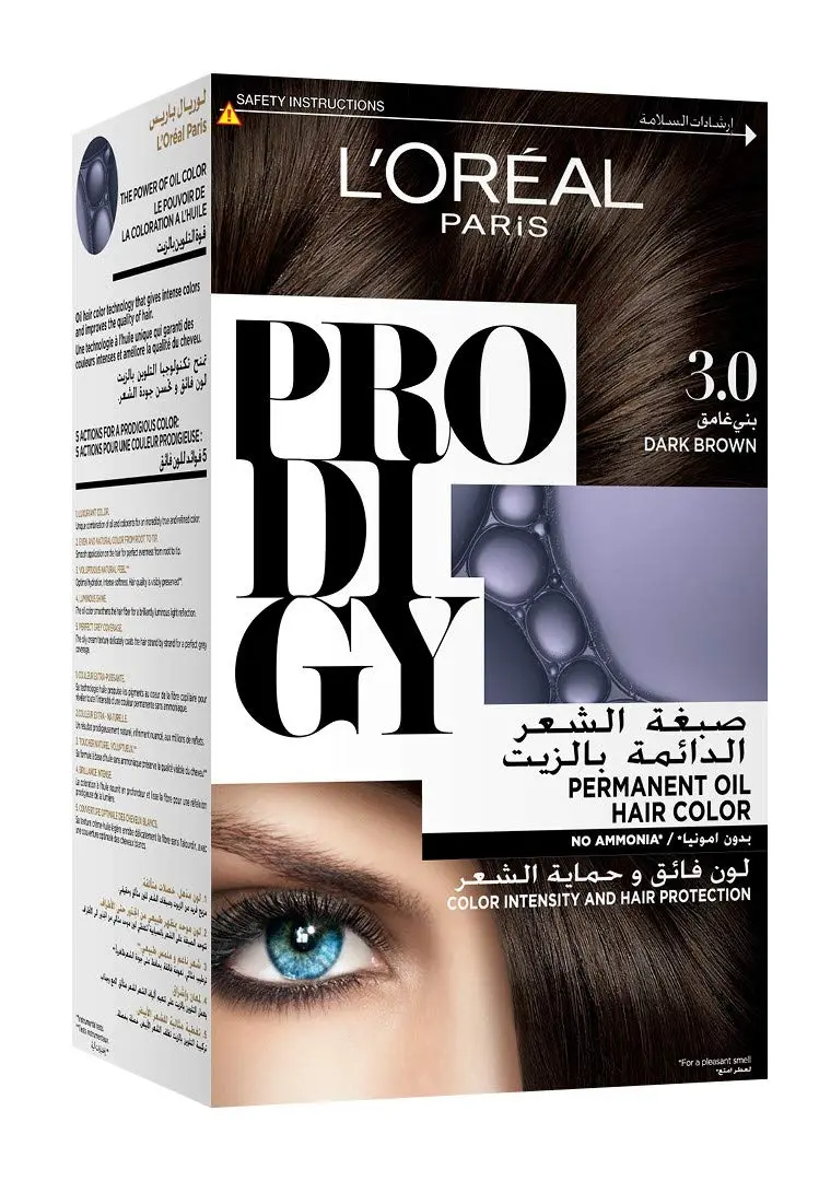 A box of L'Oréal Paris Prodigy 3.0 Dark Brown ammonia-free oil hair color that provides 100% gray coverage, vibrant color, and radiant shine for up to 8 weeks with Argan oil.