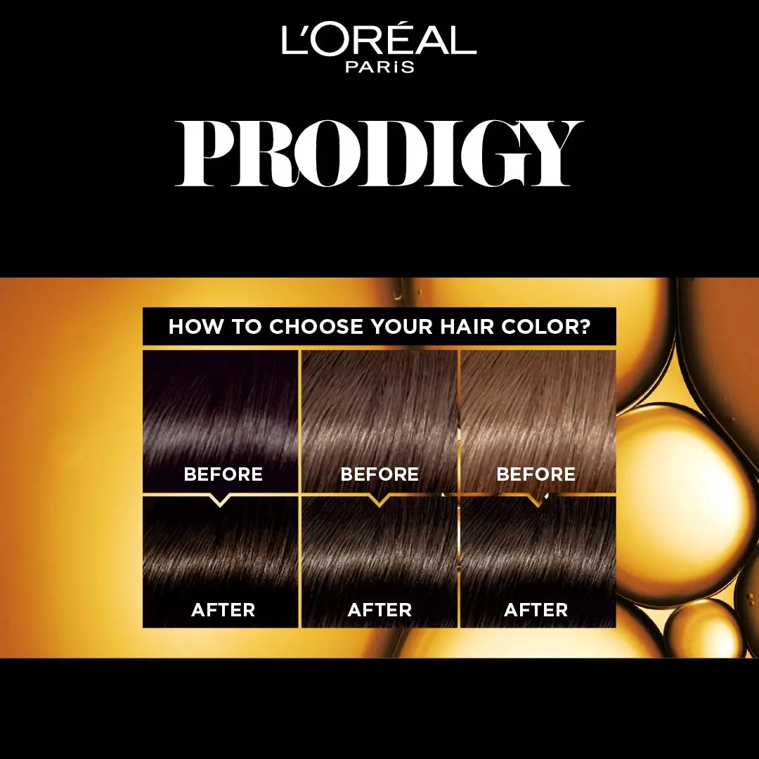 A box of L'Oréal Paris Prodigy 3.0 Dark Brown ammonia-free oil hair color that provides 100% gray coverage, vibrant color, and radiant shine for up to 8 weeks with Argan oil.