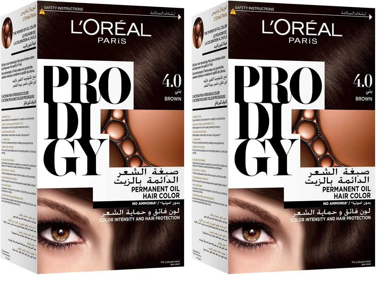 A box of L'Oréal Paris Prodigy 3.0 Dark Brown ammonia-free oil hair color that provides 100% gray coverage, vibrant color, and radiant shine for up to 8 weeks with Argan oil.