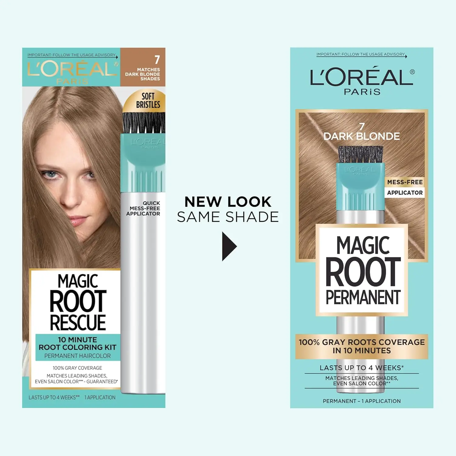 A box of L'Oréal Paris Root Rescue 10 Minute Root Coloring Kit in shade 7 Dark Blonde for quick and easy root touch-ups.