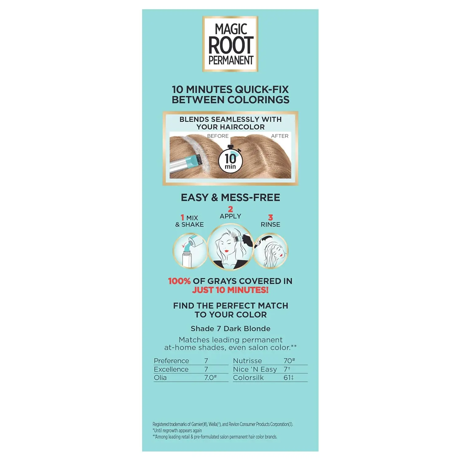 A box of L'Oréal Paris Root Rescue 10 Minute Root Coloring Kit in shade 7 Dark Blonde for quick and easy root touch-ups.