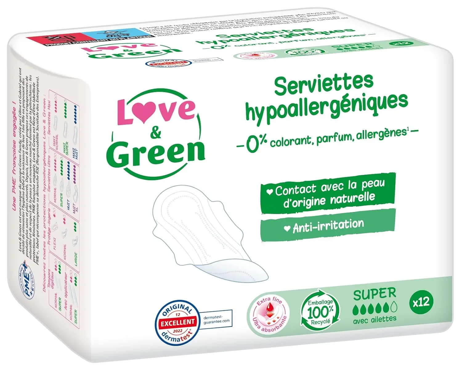 Love & Green ultra thin sanitary pads are hypoallergenic, extra absorbent, and made with 84% natural biodegradable material without unwanted ingredients like plastic voile, colourant, or fragrance.