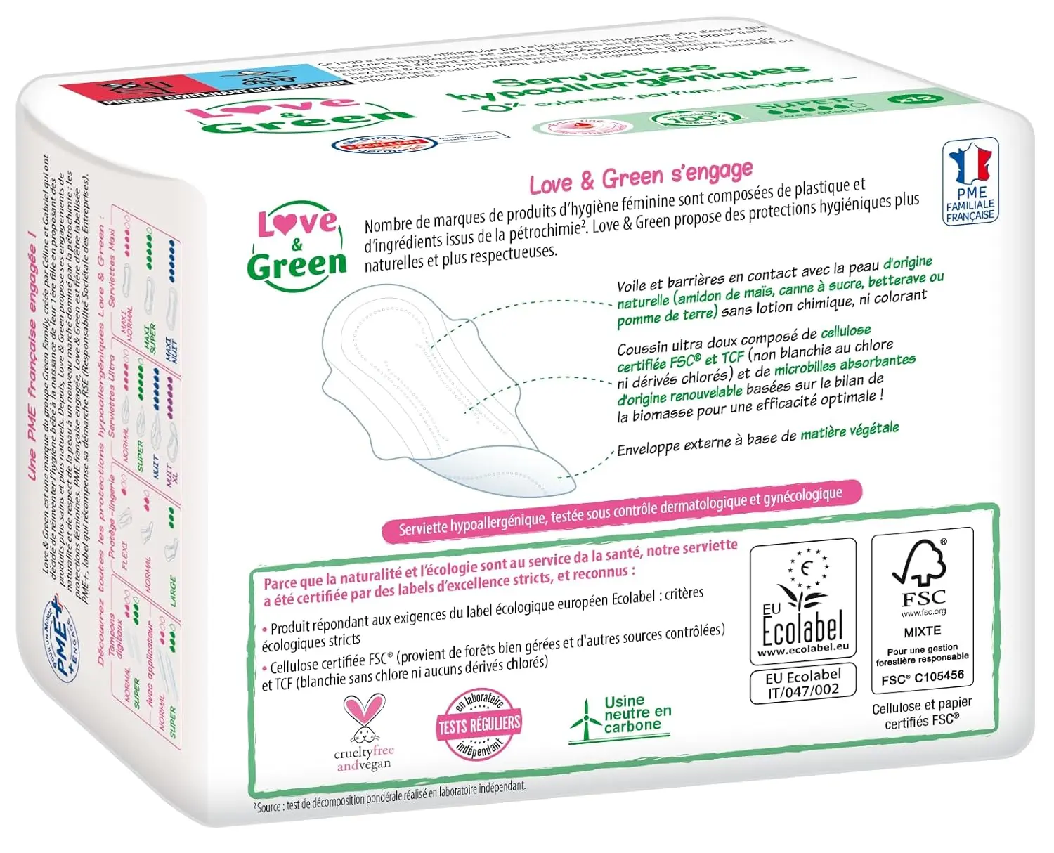 Love & Green ultra thin sanitary pads are hypoallergenic, extra absorbent, and made with 84% natural biodegradable material without unwanted ingredients like plastic voile, colourant, or fragrance.