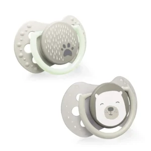 Two LOVI Buddy Bear pacifiers with a dynamic, contoured shield and comfortable handle, designed for babies 0-2 months, promoting free airflow and preventing teat staining.