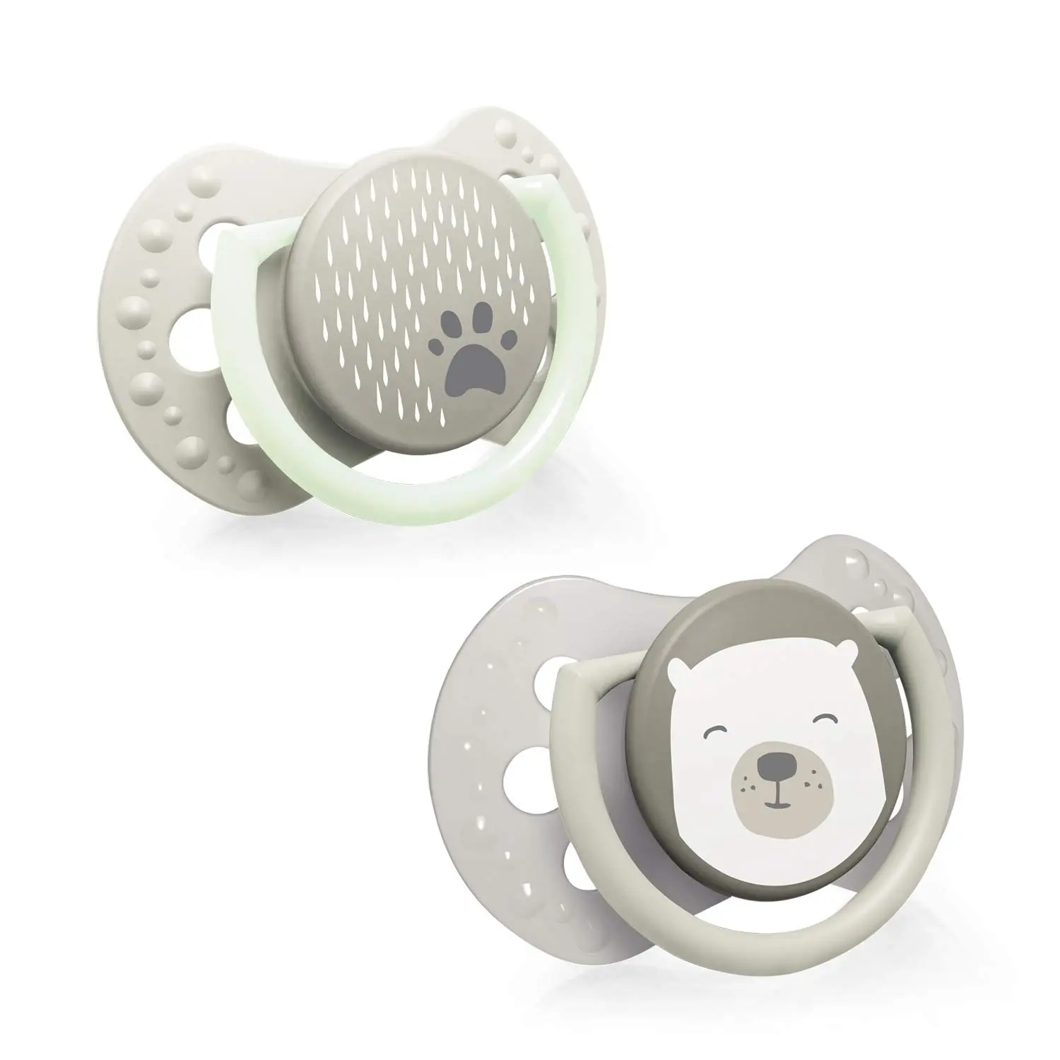 Two LOVI Buddy Bear pacifiers with a dynamic, contoured shield and comfortable handle, designed for babies 0-2 months, promoting free airflow and preventing teat staining.