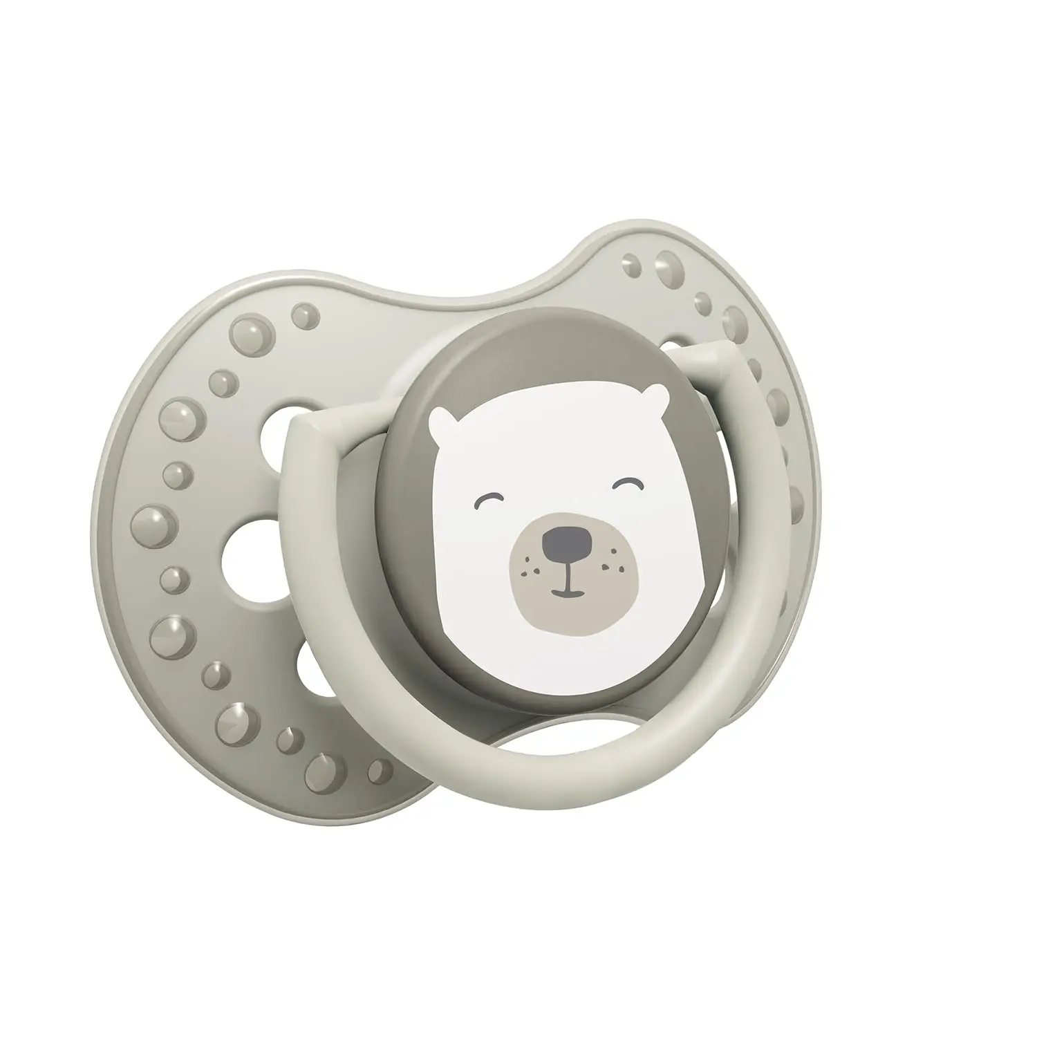 Two LOVI Buddy Bear pacifiers with a dynamic, contoured shield and comfortable handle, designed for babies 0-2 months, promoting free airflow and preventing teat staining.