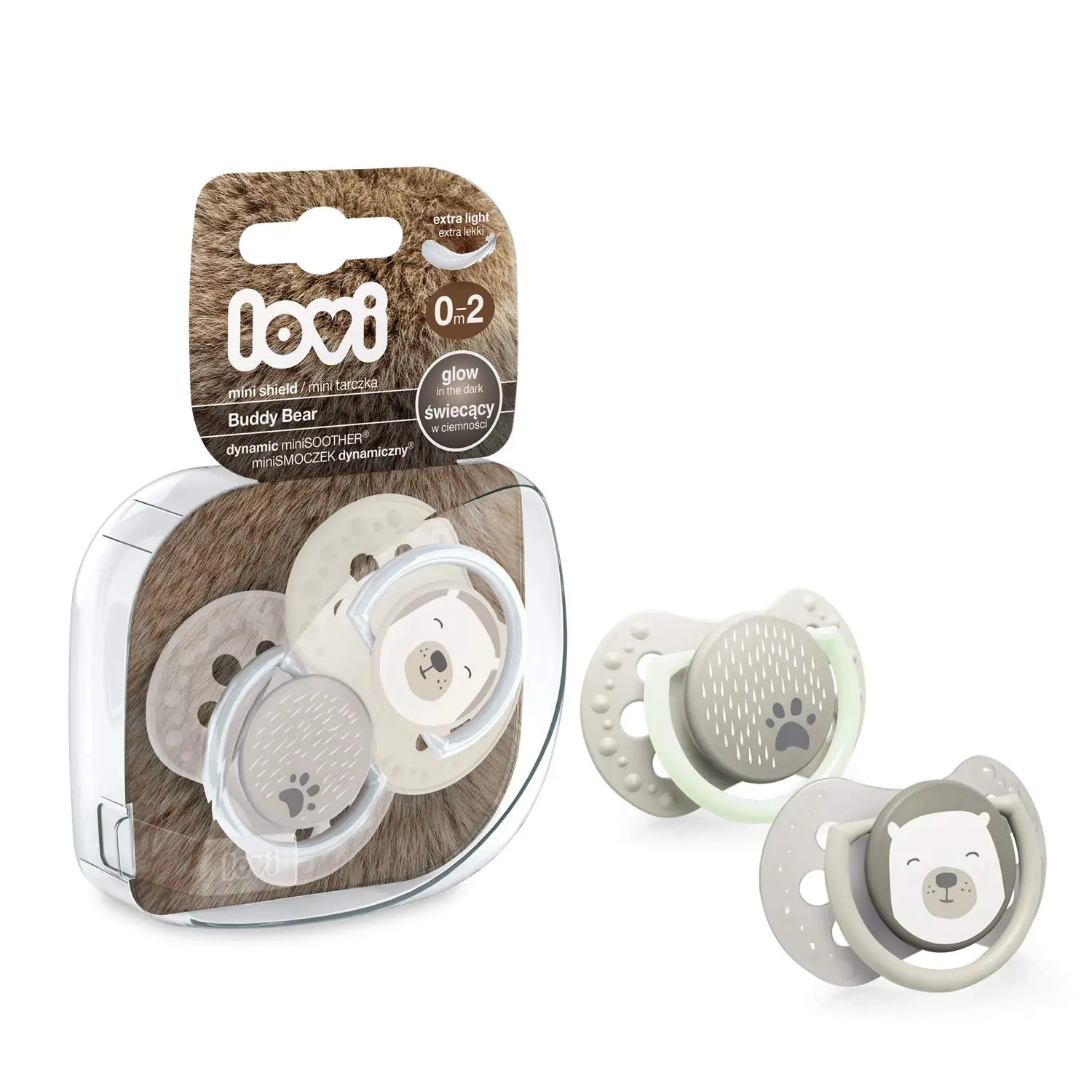 Two LOVI Buddy Bear pacifiers with a dynamic, contoured shield and comfortable handle, designed for babies 0-2 months, promoting free airflow and preventing teat staining.