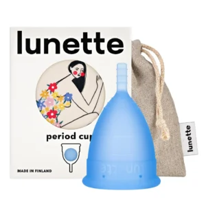A blue Lunette Model 2 menstrual cup, a reusable, zero-waste alternative to tampons and pads, made of soft medical-grade silicone and suitable for light flow.