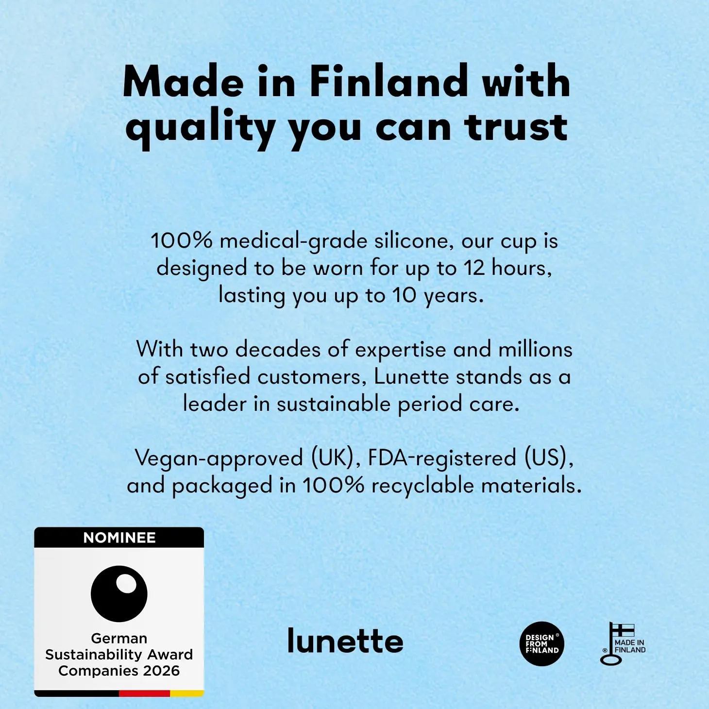 A blue Lunette Model 2 menstrual cup, a reusable, zero-waste alternative to tampons and pads, made of soft medical-grade silicone and suitable for light flow.