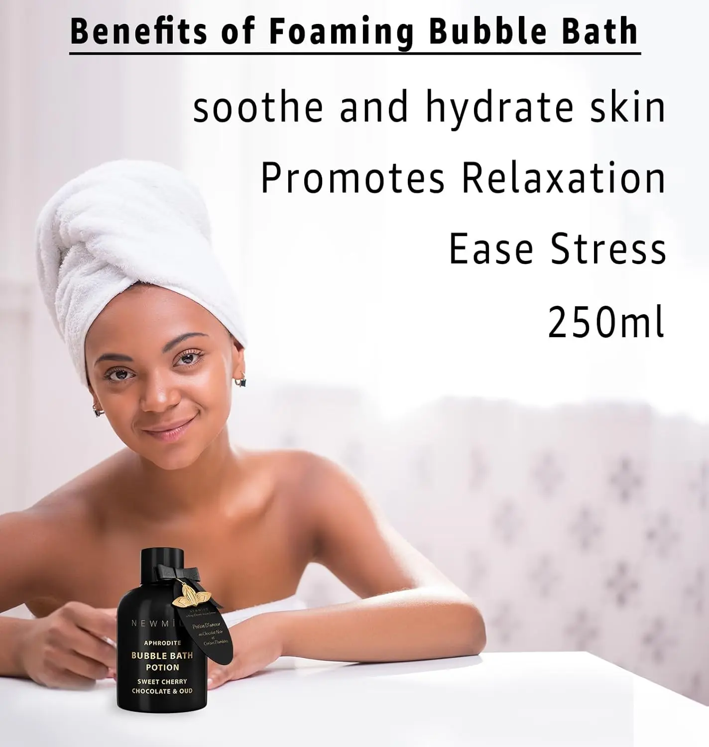 Indulge in a luxurious cherry chocolate oud bubble bath for a relaxing spa experience, creating long-lasting foaming bubbles perfect for stress relief and romantic self-care.