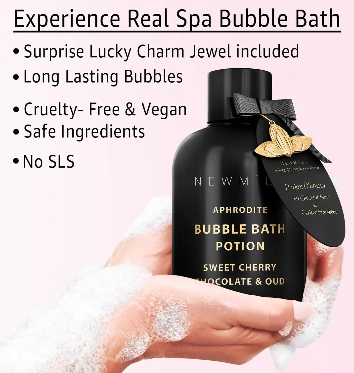 Indulge in a luxurious cherry chocolate oud bubble bath for a relaxing spa experience, creating long-lasting foaming bubbles perfect for stress relief and romantic self-care.