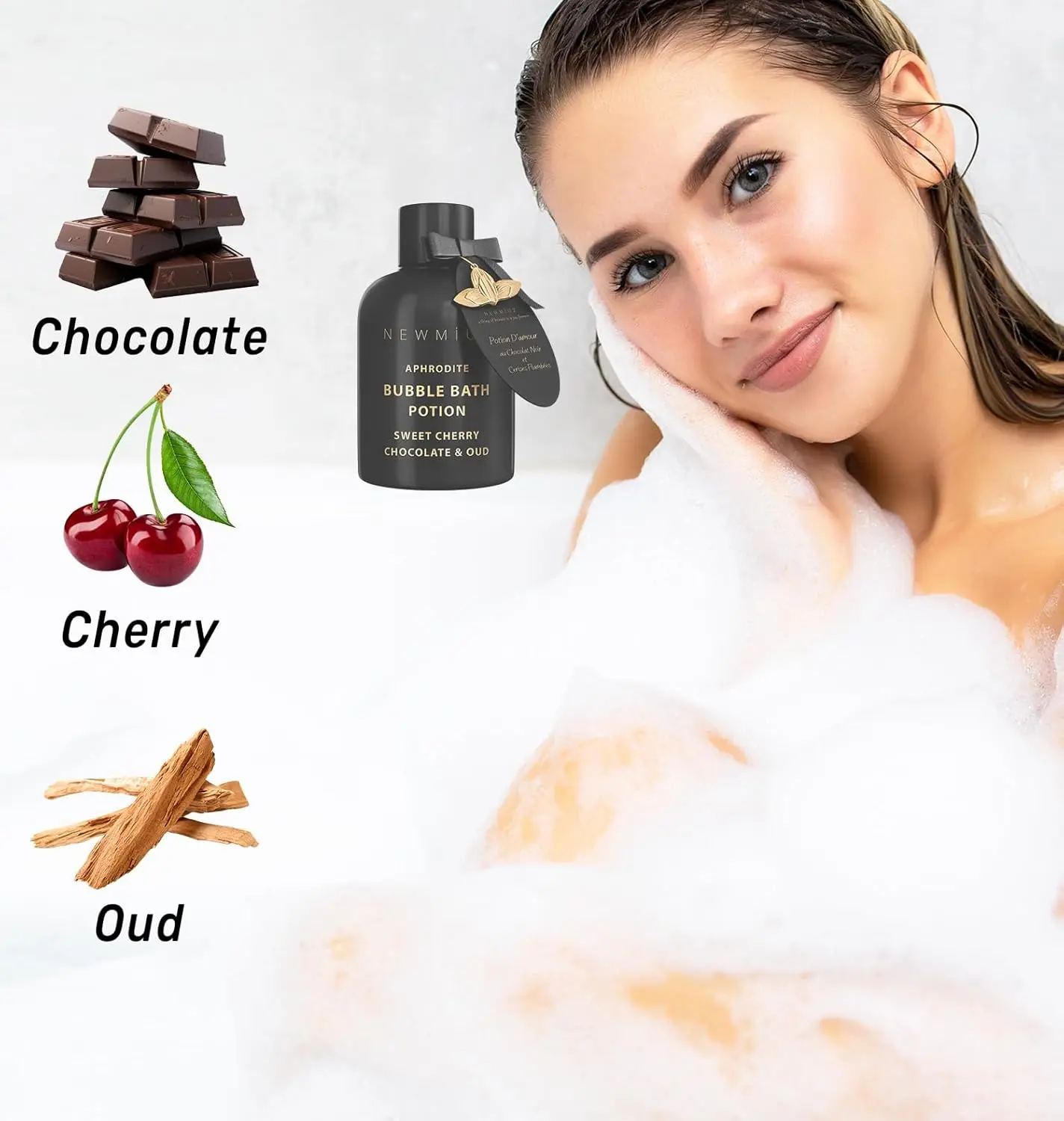 Indulge in a luxurious cherry chocolate oud bubble bath for a relaxing spa experience, creating long-lasting foaming bubbles perfect for stress relief and romantic self-care.