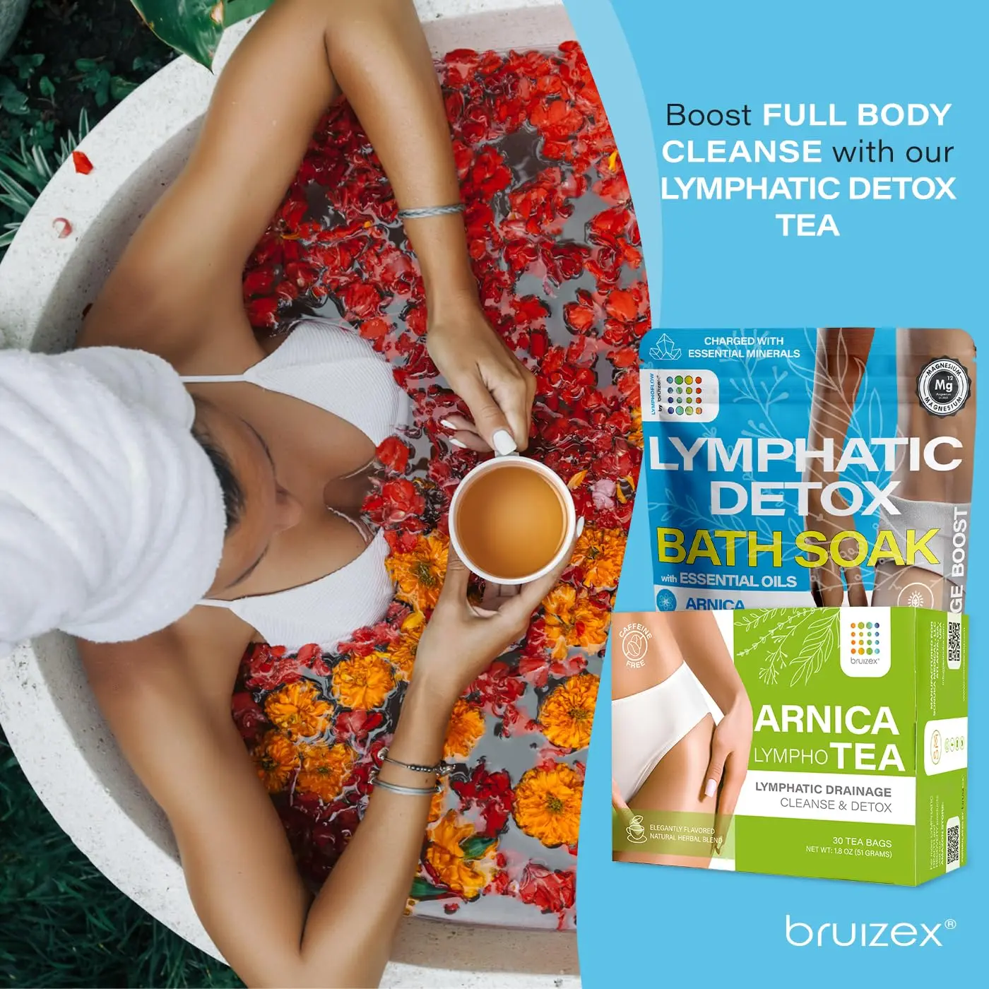 A relaxing bath soak with arnica and epsom salts to promote lymphatic drainage, detox, and relieve pain and swelling after surgery.