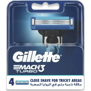Four Gillette Mach3 Turbo razor blade refills featuring sharper blades, mega lubrication, and a 3D motion handle for a close, comfortable shave on all Mach3 handles.
