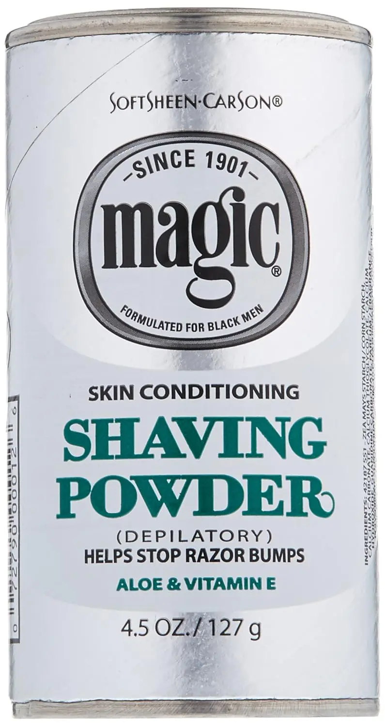 Two 4.5 ounce bottles of Magic Platinum Shaving Powder for skin conditioning.