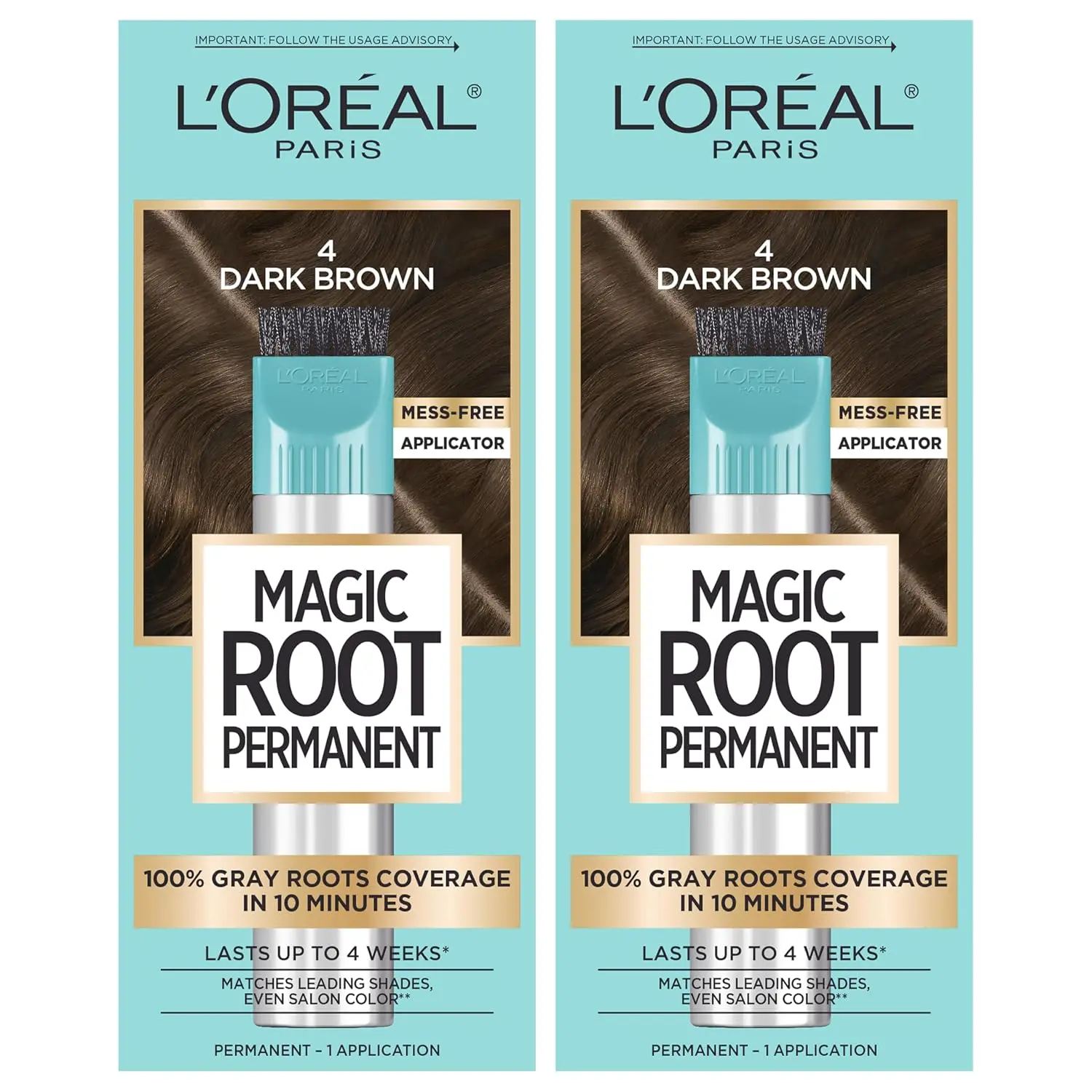 L'Oreal Paris Magic Root Rescue hair coloring kit in dark brown provides 100 percent gray coverage in just 10 minutes with its quick precision applicator for easy root touch-ups.