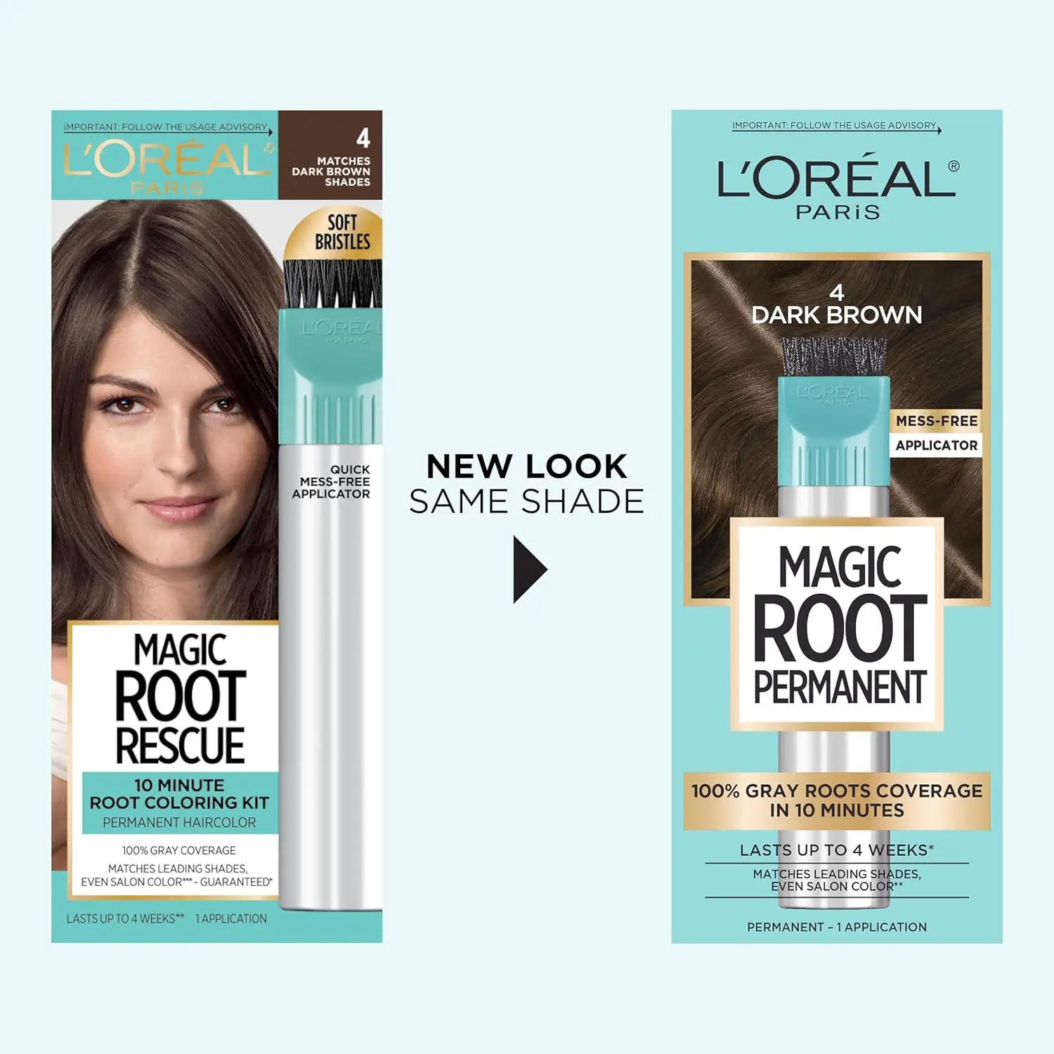 L'Oreal Paris Magic Root Rescue hair coloring kit in dark brown provides 100 percent gray coverage in just 10 minutes with its quick precision applicator for easy root touch-ups.