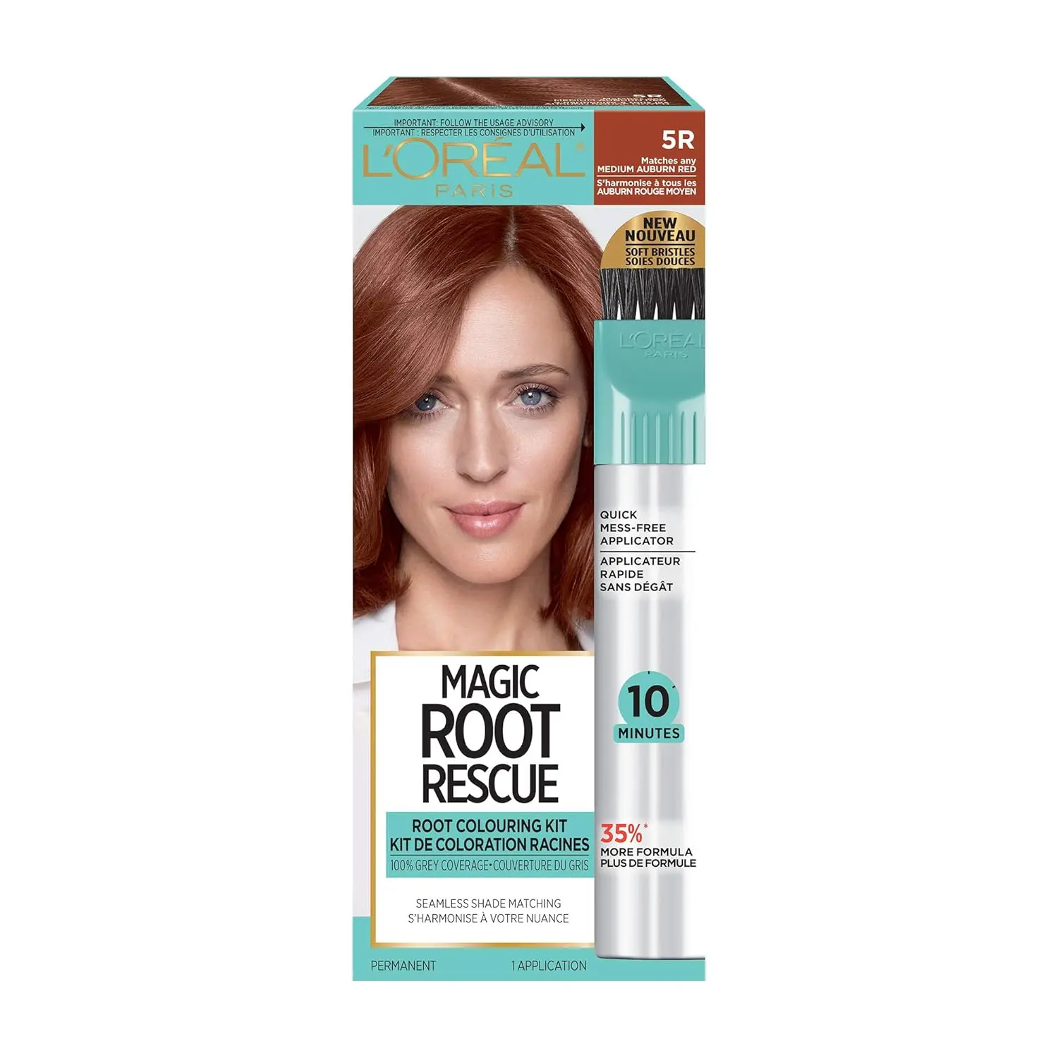 L'Oreal Paris Magic Root Rescue hair coloring kit in dark brown provides 100 percent gray coverage in just 10 minutes with its quick precision applicator for easy root touch-ups.