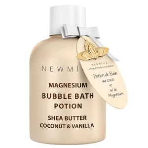 Luxurious magnesium bubble bath with shea butter, coconut, and vanilla creates long-lasting foaming bubbles for a moisturizing and relaxing spa experience.