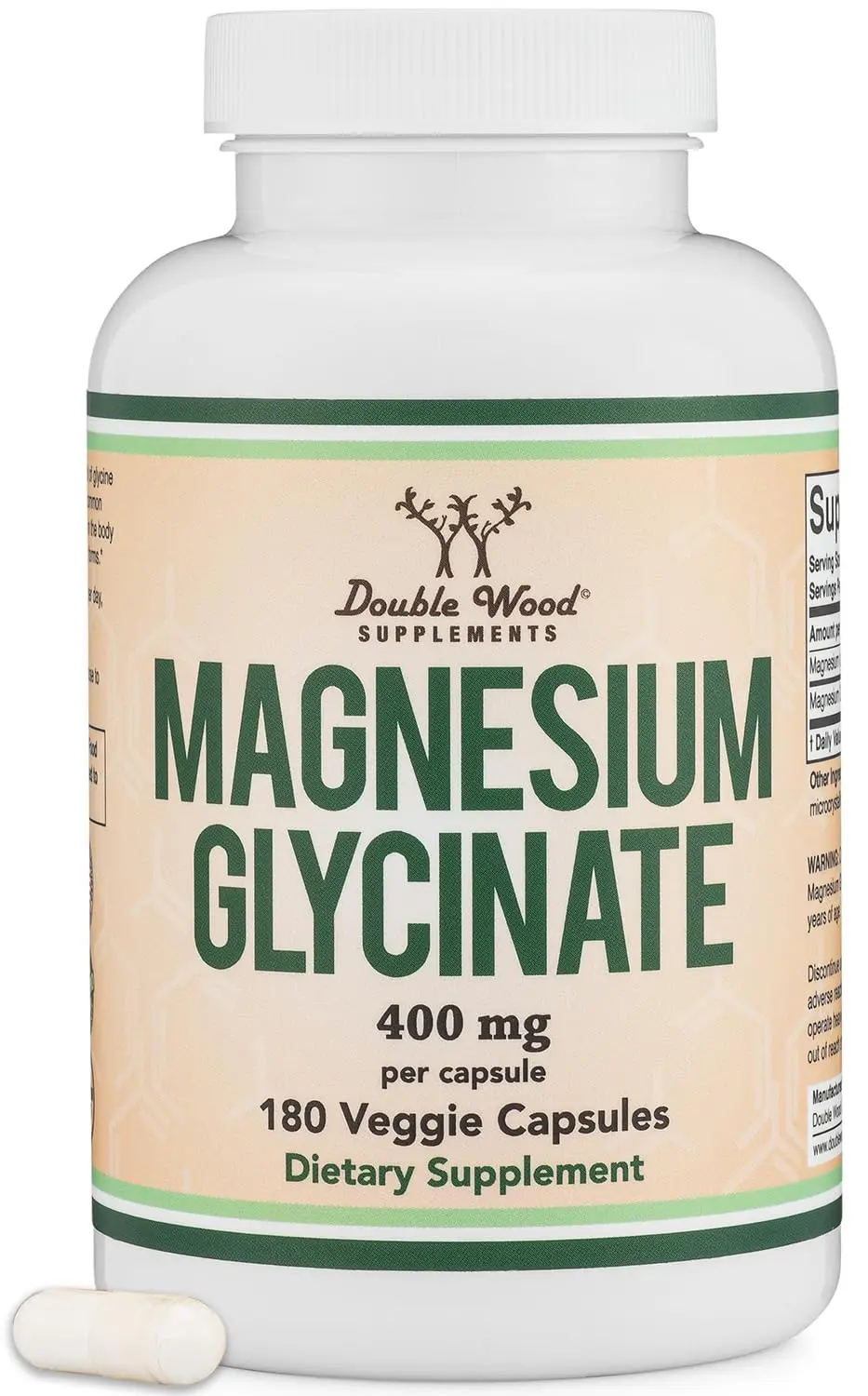 Double Wood Magnesium Glycinate 400mg supplement with 180 vegan capsules supports healthy sleep and is easy on the stomach.