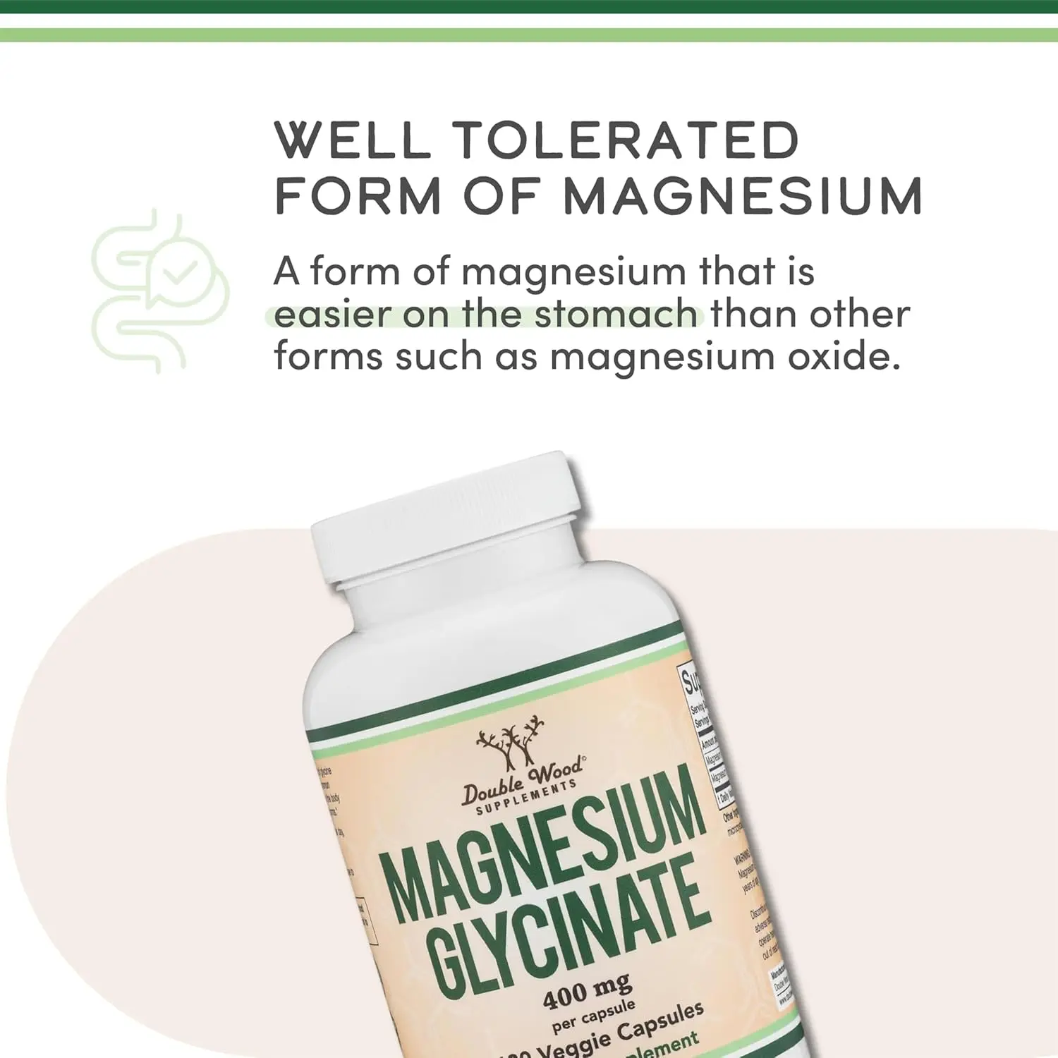 Double Wood Magnesium Glycinate 400mg supplement with 180 vegan capsules supports healthy sleep and is easy on the stomach.