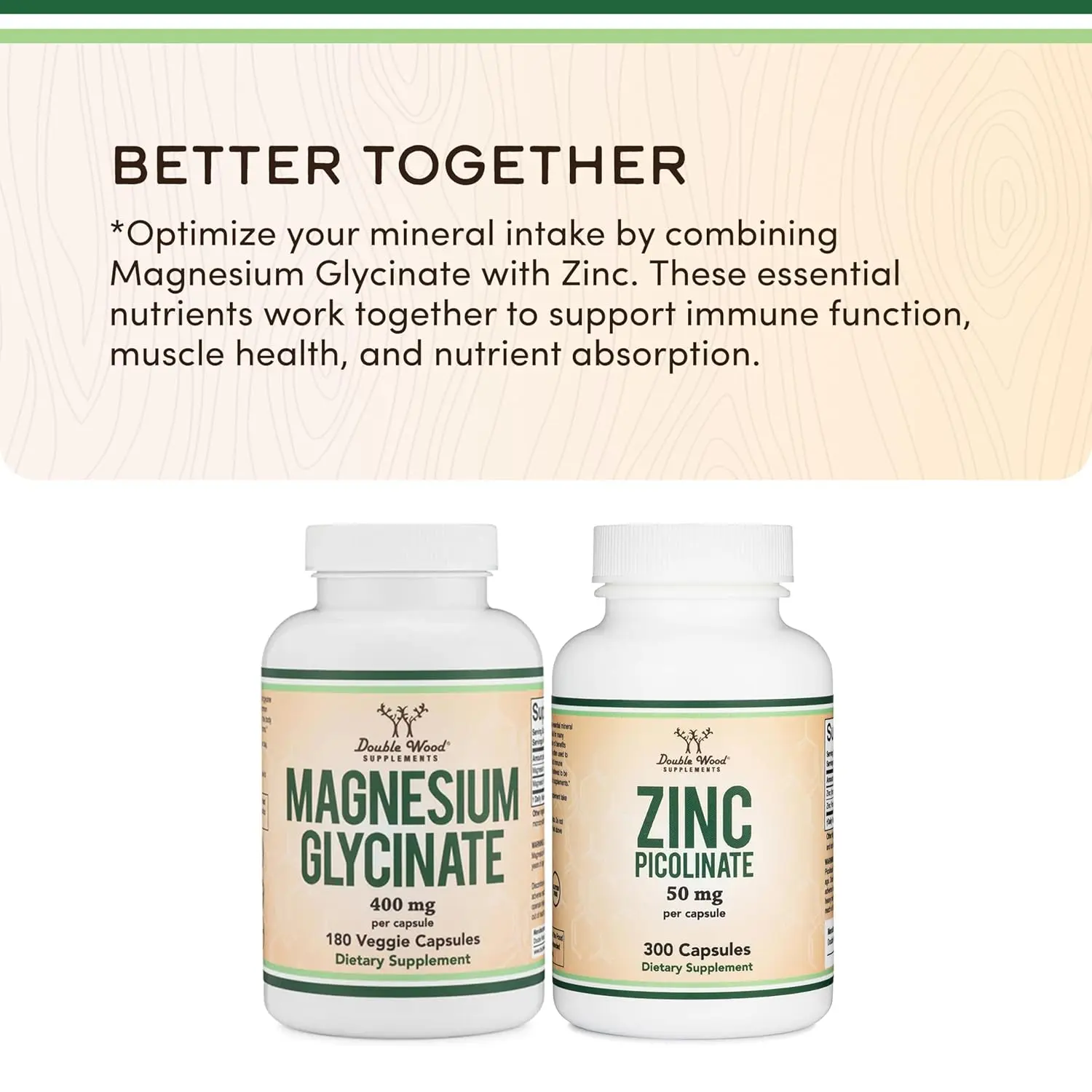 Double Wood Magnesium Glycinate 400mg supplement with 180 vegan capsules supports healthy sleep and is easy on the stomach.