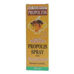 A bottle of Marnys Propoltos propolis mouth spray, a natural medication for soothing throat discomfort.