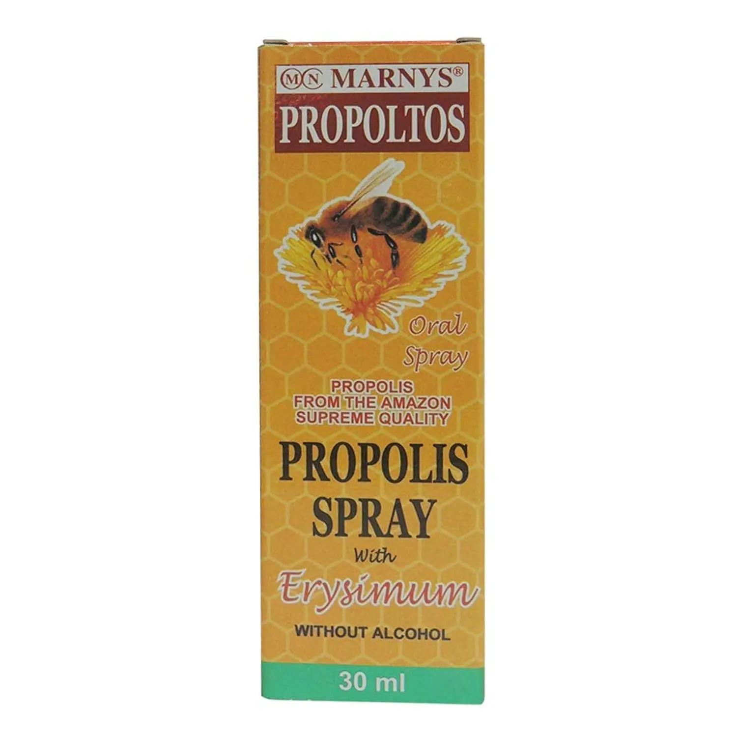 A bottle of Marnys Propoltos propolis mouth spray, a natural medication for soothing throat discomfort.